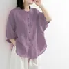 Blouses Femmes Chemises Femmes 2023 Coton Lin Chemise Femmes Lanterne Manches Demi O-Cou Rétro Artistique Grande Taille Lâche Casual Tops