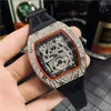 Relógios Tonneau de designer de luxo HOT Diamonds, feminino, masculino, casual, à prova d'água, mostrador grande, caixa de aço, pulseira de borracha, relógio esportivo