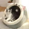 Cute Cat Bed With Warm Soft Mat Lovely Cat House Cute Pet House For Cats Or Small Dogs Half Hooded Anti-Slip Machine Washable 210722