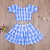 1-6y verão casual criança criança bebê meninas roupas conjunto azul xadrez camiseta saias crianças roupas trajes 210515