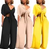Sexig Deep V Chiffon Set Summer Tracksuits FitnV-Neck Bow Toppar + Wide Leg Byxor Suit Two Piece Set Night Outfits 2 st Street X0629