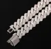 Mens 14MM Glacé Cubain Lien Prong Chaîne 14K Or Blanc Plaqué 2 Rangées Diamants Collier Cubique Zircone Bijoux 16-24 pouces Longueur155r