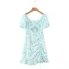 Spring Women Flower Print Chiffon Dress Kvinna Puff Sleeve Kläder Casual Slim Hollow Out Vestido 210430