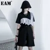 [EAM]女性のブラックメッシュスプライスビッグサイズフリルカジュアルTシャツラウンドネック半袖ファッションスプリングサマー1DD7569 21512