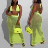 OMSJ Floresan Renk Seksi Sutyen Üst + Uzun Etek Beachwear Fishnet Örme İki Parçalı Set Kadın Yaz Zarif Kıyafet Giysileri 210517