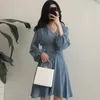 Blue Black Solid Chiffon V Neck Lantern Sleeve Long Full Short Dress Mini Autumn Lace Up D0612 210514