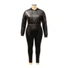 Mulheres Plus Size Set Faux Leather Couro Com Capuz Tops + Slim Calças Dois Peça Outono Sexy Club Outfits 211115