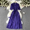 Vintage Purple Sukienka Kobiety Eleganckie Wzburzyć Collar Collar Wysoka Talia A-Line Casual Vestidos z Sashes Kobiet Lato Plus Rozmiar Y0603