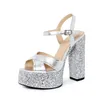 Gorgeous Bling Sequined Super High Heels 13CM Sandalias Mujeres Plataforma de cuero genuino Zapatos de fiesta de boda Plata 41