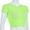 Sexy Zomer T-shirt Casual Neon Groene Crop Top Mesh Solid Korte Mouw Vrouwelijke T-shirt Transparante T-shirt Tees 210517