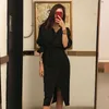 Kore OL Stil Sonbahar Seksi Elbise Kadın V Boyun Uzun Kollu Sashes Wrap Ön Bölünmüş Rahat Çalışma Ofis Kalem 210603