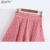 Zevity Women Fashion Red Plaid Print Pleated Bermuda Skirts Shorts Female Chic Side Zipper Casual Pantalone Cortos P1090 210603