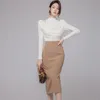 Zima 2 Sztuka Korei Ladies Długi Rękaw Biała Koszula Midi Bodycon Spódnica Zestaw Dla Kobiet Odzież 210602