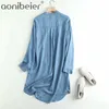 Brodé Denim Chemise Robe Bleu Lâche Printemps À Manches Longues D'été Travail Offiec Lady Vestidos Coton 210604