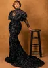 Plus size Arabische Aso Ebi Black Sparkly Mermaid Prom Dresses kralen pure nek lovertjes formeel avondfeest tweede receptie jurken zj263