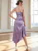 Jacquard Draped Ruffle Trim Asymmetrical Hem Satin Prom Dress SHE