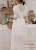 Kvinnor Bohemian Dress White Midi Short Sleeve Tassel Lace D1238 210514