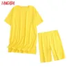 Tangada Summer Women's Set 95% Coton Costume Ensembles surdimensionnés T-shirt long Legging Shorts Costumes de haute qualité 6L54 210609