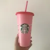 2022 Starbucks 24oz/710ml 플라스틱 머그잔 텀블러 재사용 가능한 맑은 마시는 평평한 바닥 기둥 모양 뚜껑 밀짚 컵 머그 공장 직접 판매 ABMB를위한 새로운 핫 제품