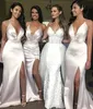 Seksi Spagetti Sapanlar Mermaid Ucuz Uzun Gelinlik Modelleri 2022 Saten Dantelli Yüksek Bölünmüş Hizmetçi Onur Düğün Konuk Elbise BM1683