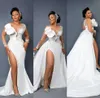 2021 Sexy Arabic Aso Ebi Mermaid Wedding Gojts Illusie Nek kantkristallen zijde Split afneembare trein overskirts Ruches Bridal D5004740