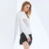 Camisa blanca bordada para mujer con cuello levantado Puff manga larga elegante ver a través de blusa femenina primavera moda 210524