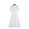 BBWM Mulheres Verão Branco Vestido V Pescoço De Manga Curta Botões Bow Laço Casual Feminino Feminino Partido A-Line Vestidos Vestidos 210520