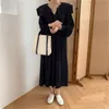 Jesień Koreańczycy Eleganckie kobiety Długa Dress Pełna Rękaw Podwójny Peter Pan Collar Lace-Up Dresses Moda Sweet Damska Vestidos 210513
