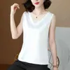 Korean Silk Women Tops Woman Satin Embroidery Tank Sleeveless V Neck Plus Size Elegant Lace White 210427