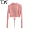 TRAF Женская мода с завязанным обручкой вязаный кардиган свитер винтаж с длинным рукавом женская верхняя одежда Chic Tops 210922