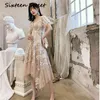 Lace Long Women Dress Mid-Calf Beige Female Vestidos Verano Vintage Lady Evening Party V-neck es Summer 210603