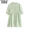 Women Chic Fashion Floral Print Mini Shirt Dress Vintage Puff Sleeves With Lining Female Dresses Vestidos Mujer 210507