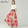 Fashion Designer verão elegante férias saia feminina chiffon vintage alta cintura flor impressão festa midi vestido 210524