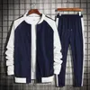 Marka Mężczyźni Zestawy Casual Zipper Dres Wiosna Jesień Mężczyzna Solidna Zestaw Splice Kurtka + Spodnie Sport Siatek Streetwear Hip Hop 211006