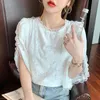 Comelsexy Verão Mulheres Moda Lace Branco Mulheres Blusa Tops Causal O-pescoço de Manga Curta Blusa Super Fada Splicing Camisa 210515