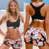 Vikionfly hög midja bikini set med shorts baddräkt kvinnor vadderad blommig sport simma push up crop top swimwear baddräkt 210625