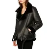 Kvinnor Vinter Varm Faux Lamb Leather Jacket Coat Lambs Wool Fur Collar Motorcykel Svart Bomber Overcoat 210430