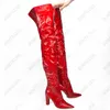 Rontic Women Winter Udo High Botki Block Obcasy Wąż Wzór Wskazany Toe Gorgeous Red Club Wear Buty Kobiety Plus US Rozmiar 5-15