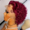 Pixie Cut Human Hair Wig Short Bob Curly Ombre Orange 99J 13X1 Transparent Lace Part Paryk för svarta kvinnor