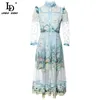 Мода взлетно-посадочная полоса летнее платье женское стенд воротник лук сетка вышивка принт леди элегантный MIDI Vestidos 210522