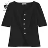 FANSILANEN Vintage short sleeve chiffon blouse shirt Women summer casual button up Female black elegant office ladies tops 210607