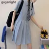 Gaganight Preppy-Stil Kurzarm weißes Kleid Sommerstudenten binden Faltenkleid hohe Taille lässiges Minikleid Frauen 210519