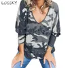 Casual Kamuflaj Kadın Camo T-Shirt V Boyun Gevşek Uzun Kollu Sonbahar Bayanlar Temel Hip Hop Tee Üst T Gömlek Femme Blusas 210507