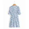 Elegant kvinna blå v nacke blomma lacing kort klänning sommar casual kvinnlig puff ärm strand es leases mini 210515