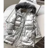 冬の女性90％ホワイトアヒルダウンジャケットの取り外し可能な大きい本物の毛皮の襟オーバーコート光沢のあるクールな緩い暖かい厚いコート210430