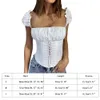 Sexig fyrkantig nackskörd Toppar Vit puffhylsa Bandage Crop Top Kvinnor Elegant Pläterad Skinny Bodycon Tees Tank Top Corset x0507