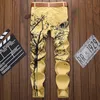 Men's Slim Lotus Flower Bird Printed Jeans Fashion Chinese Painting Yellow Denim Pants