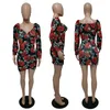 Womens Summer Dress Long Sleeve Ruffle Flower Print Sexy V Neck High Waist Short Flowy Mini Dress Size (S-2XL)