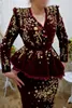 Árabe Dubai Borgoña sirena vestidos de noche de manga larga con cuentas de encaje floral vestido de fiesta de terciopelo Robe de Soir￩e Karakou algerie