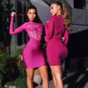 Winter Women Rose Red Lace Hollow Out Bodycon Bandage Dress Sexy Long Sleeve Club Celebrity Runway Party Dresses 210423
